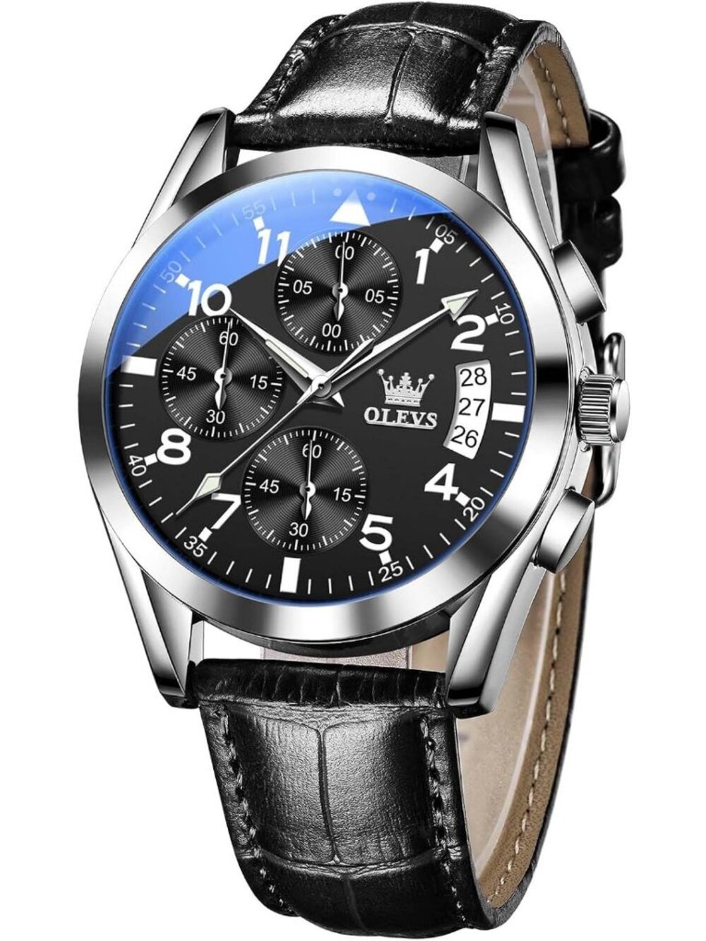 Olevs Mens Silver Black Analog Leather Large Face Date Luxury Design Wrist Watch